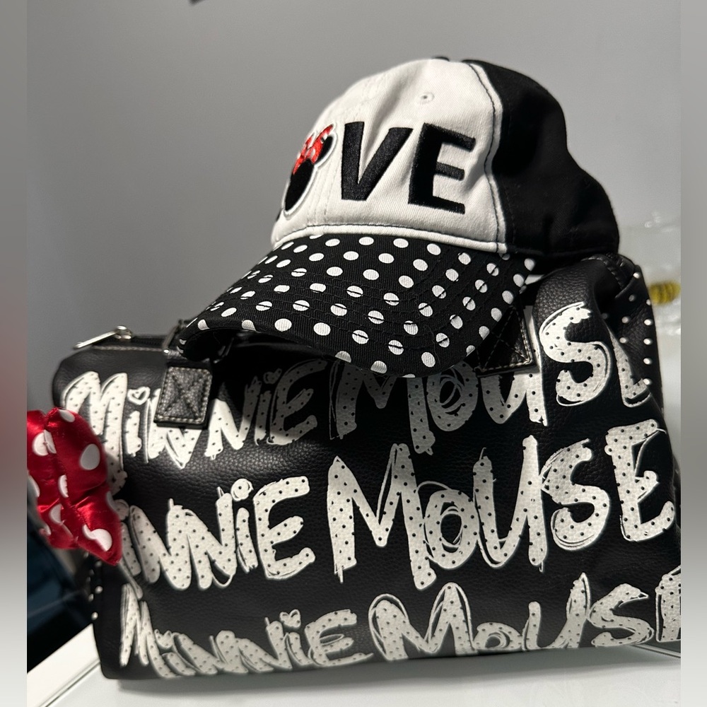 EUC Disney Minnie Mouse Polka Black & White Dot Bag and Cap Set